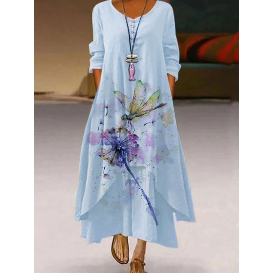 

Round Neck Dandelion Print Loose Long Sleeve Maxi Dress