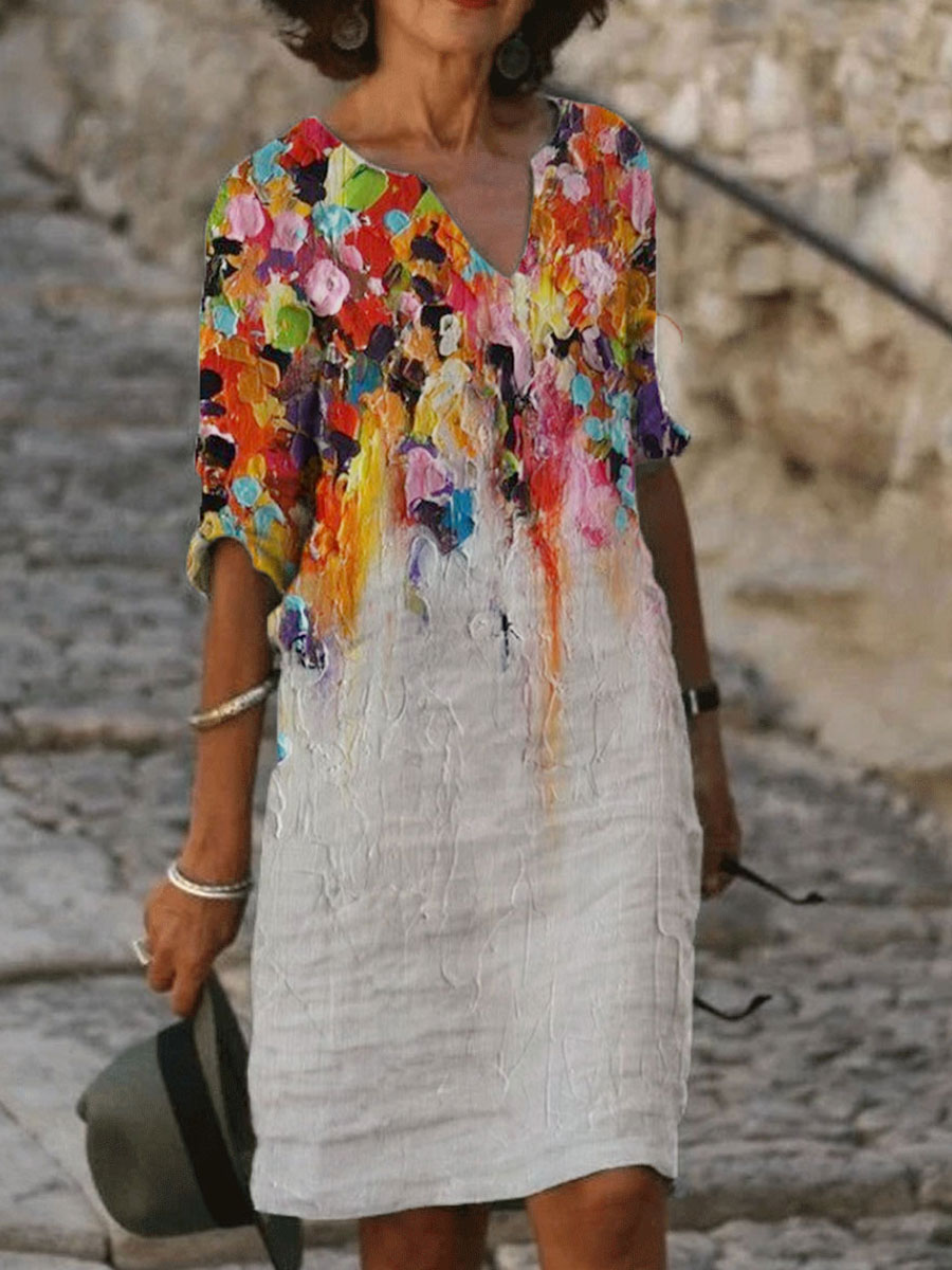 Fashion Oil Painting Printed V neck Long Sleeve Casual Shift Dress