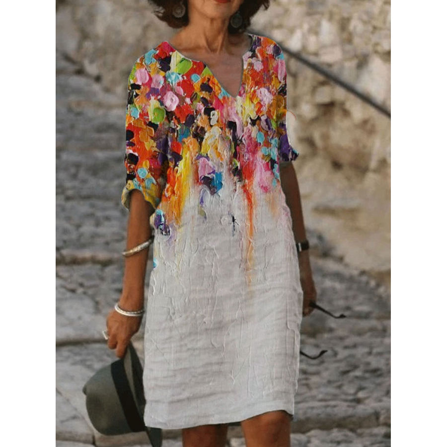 

Fashion Oil Painting Printed V-neck Long Sleeve Casual Shift Dress