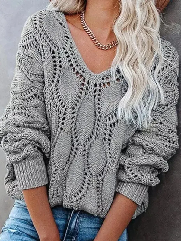 Casual Solid Color V Neck Long Sleeves Sweater - Viewbena.com 
