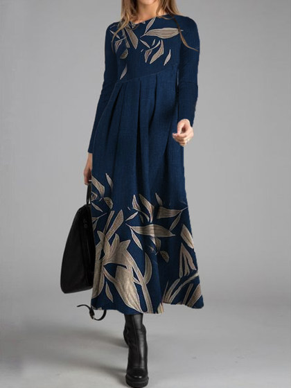 Casual Leaf Print Long Sleeved Maxi Dress Women