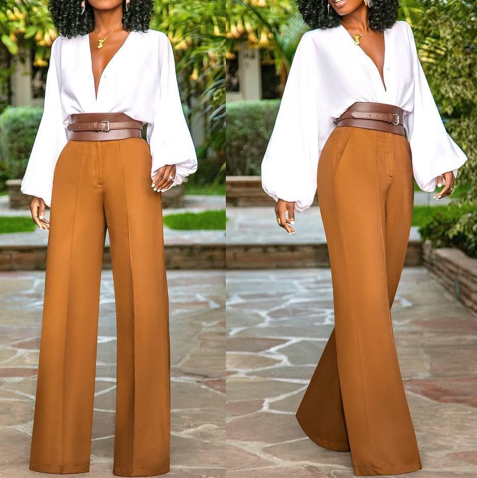 Ladies Elegant Casual V neck Lantern Sleeve Straight Suit