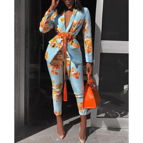 Women's Fashionable Floral Blue And Orange Suit Suit - Seeklit.com 