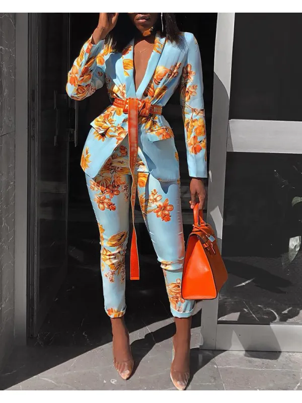 Women's Fashionable Floral Blue And Orange Suit Suit - Funluc.com 