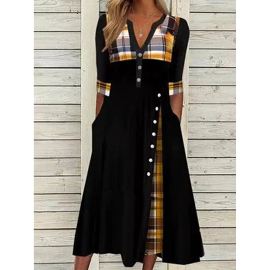 

Fashion Check Printed V-neck Long Sleeve Casual Maxi Dress