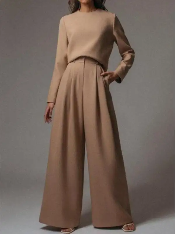 Женская мода повседневные расклешенные брюки шерстяной вязаный костюм - Funluc.com 
