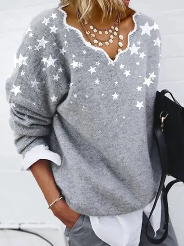 Fashion Star Pattern Lace V-neck Long Sleeve Casual Pullover - Oasisjoy.com 