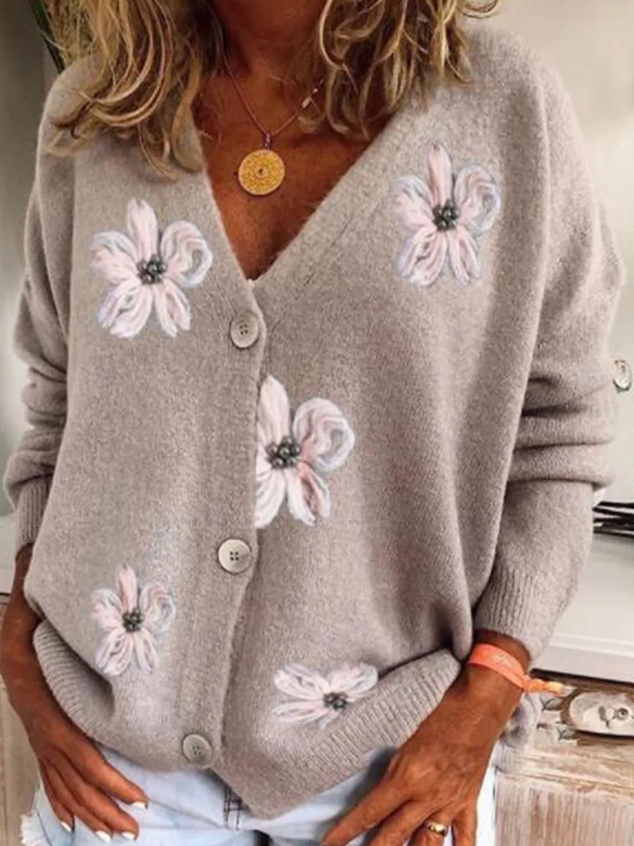 V neck Floral Woolen Loose Cardigan