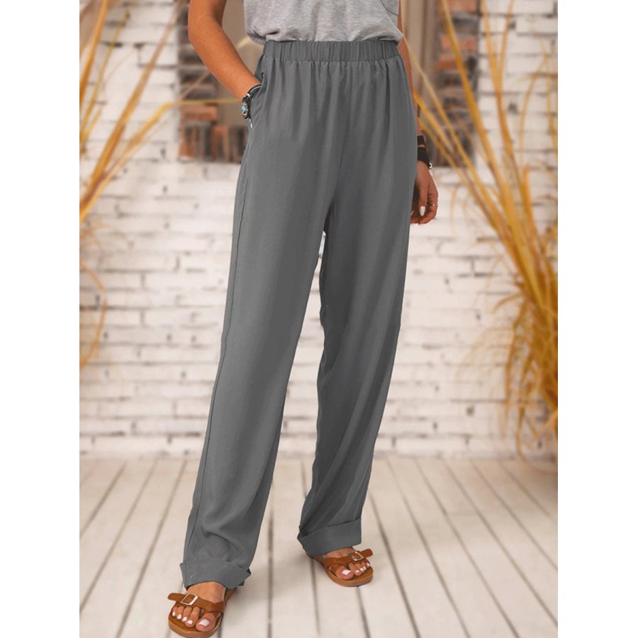 

Solid Color Elastic Waist Long Loose Casual Straight-leg Pants