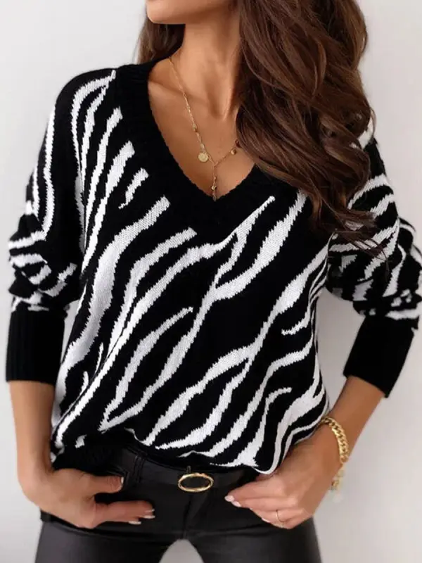 Long Sleeve Casual Knitted V Neck Sweater - Funluc.com 