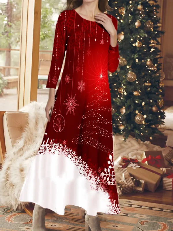 Casual Christmas Snowflakes Print Crew Neck Long Sleeves Maxi Dress - Funluc.com 