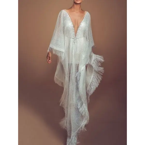 Women's Deep V Fringe Big Wave Skirt Silver White High Waist Evening Dress - Seeklit.com 