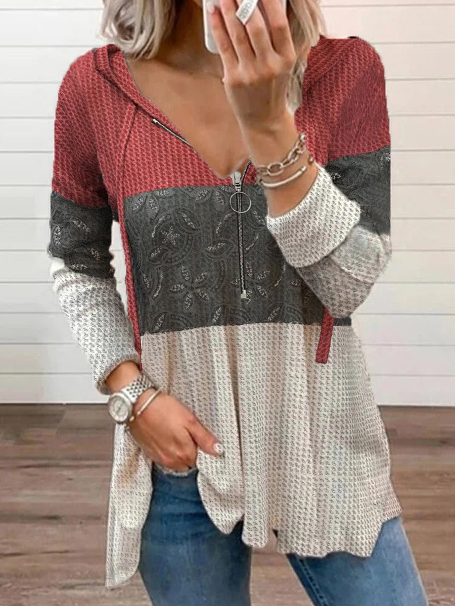 Contrasting Print Casual Zipper Long sleeved T shirt
