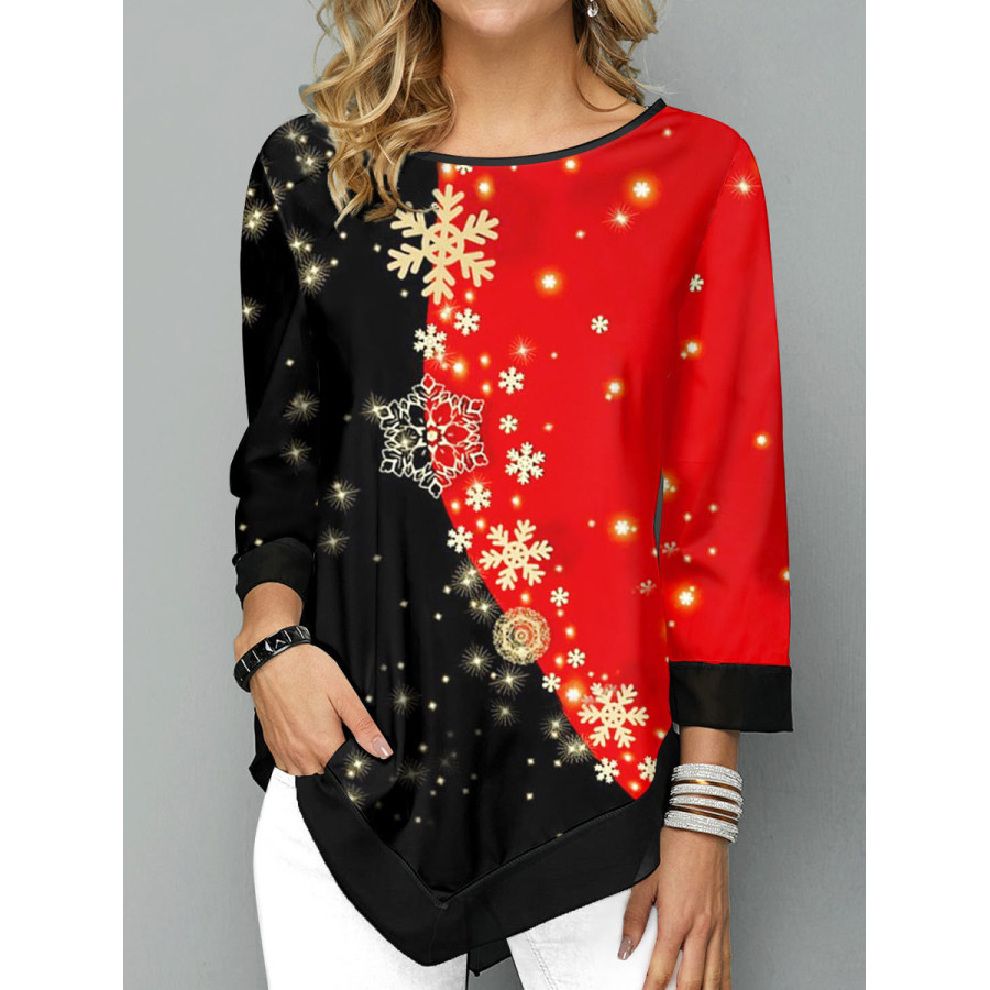 

Casual Christmas Print Round Neck Irregular Hem T-Shirt