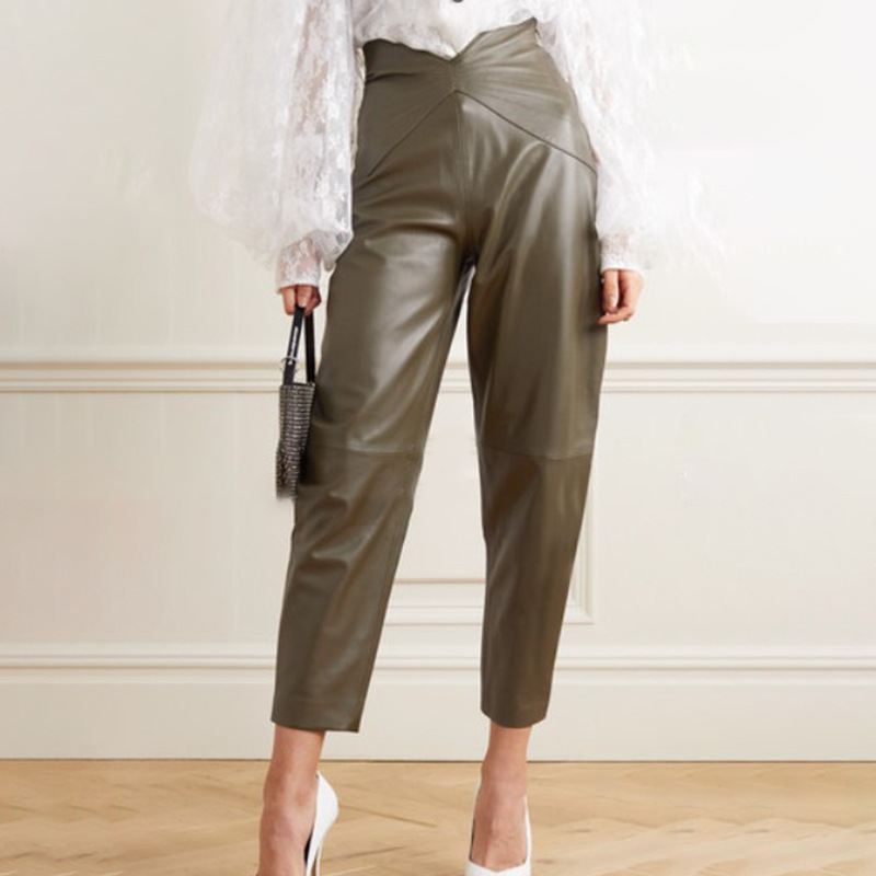 2021 Autumn New Fashion Korean Version Of Nine point Pants Irregular Waist, Thin Harlan High waisted Old Leather Slacks