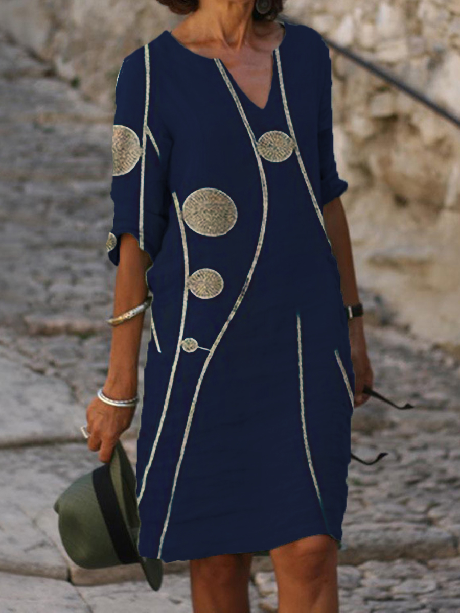 Casual V neck Geometric Print Midi Dress