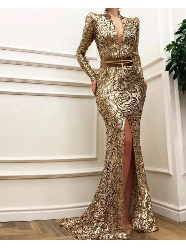 Women's Elegant And Gorgeous Golden Floral Texture High Waist Slit Evening Gown - Machoup.com 