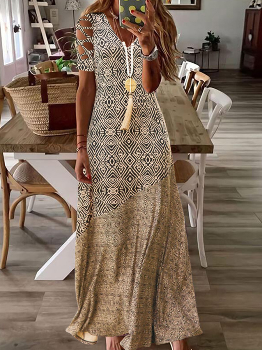 V neck Retro Geometric Print Loose Short Sleevee Maxi Dress