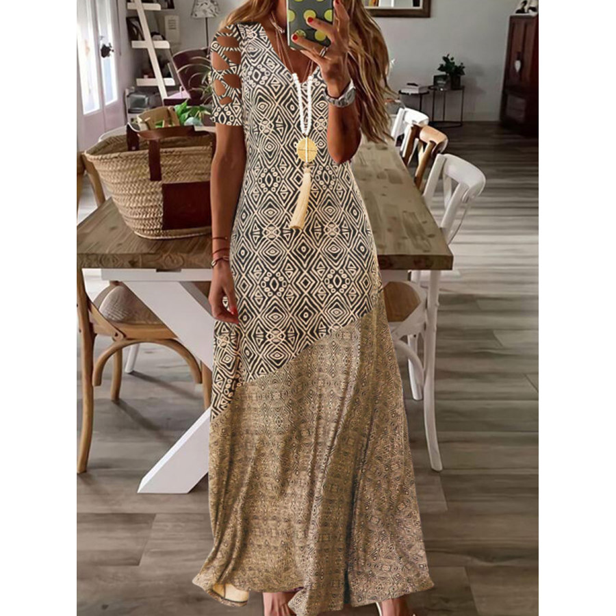 

V-neck Retro Geometric Print Loose Short Sleevee Maxi Dress
