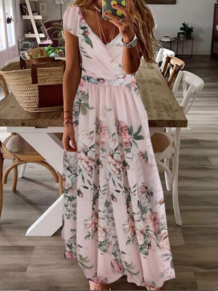 V neck Floral Print Loose Long Sleeve Maxi Dress