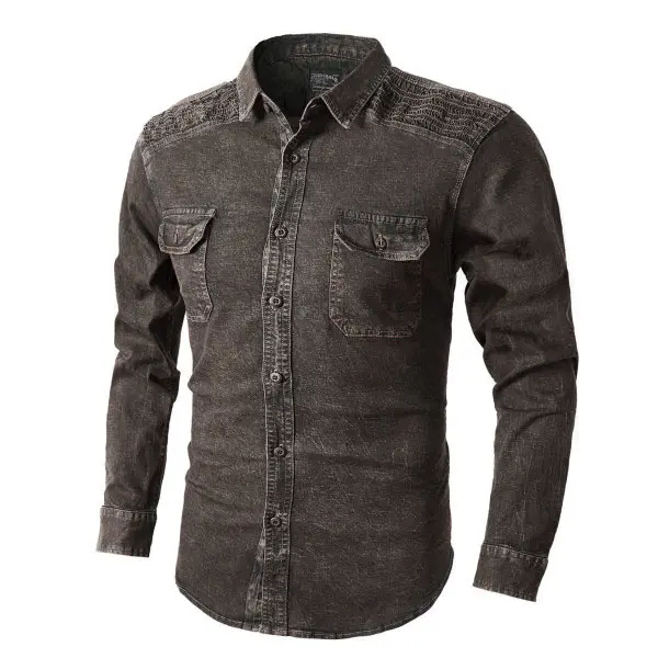 Men's Casual Chest Patch Pocket Wash Water Make Old Retro Shirt - Enocher.com 