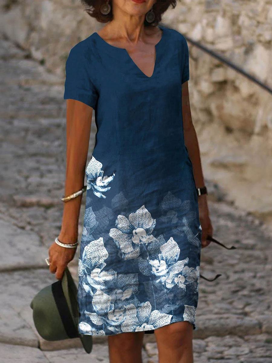 V neck Floral Print Loose Casual Short sleeved Shift Dress