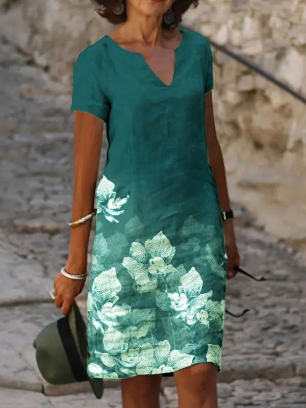 Свободное повседневное свободное платье с короткими рукавами и V-образным вырезом с цветочным принтом - Funluc.com 