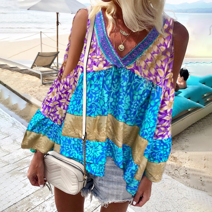 

Fashion V-Neck Raglan Sleeve Print Blouse