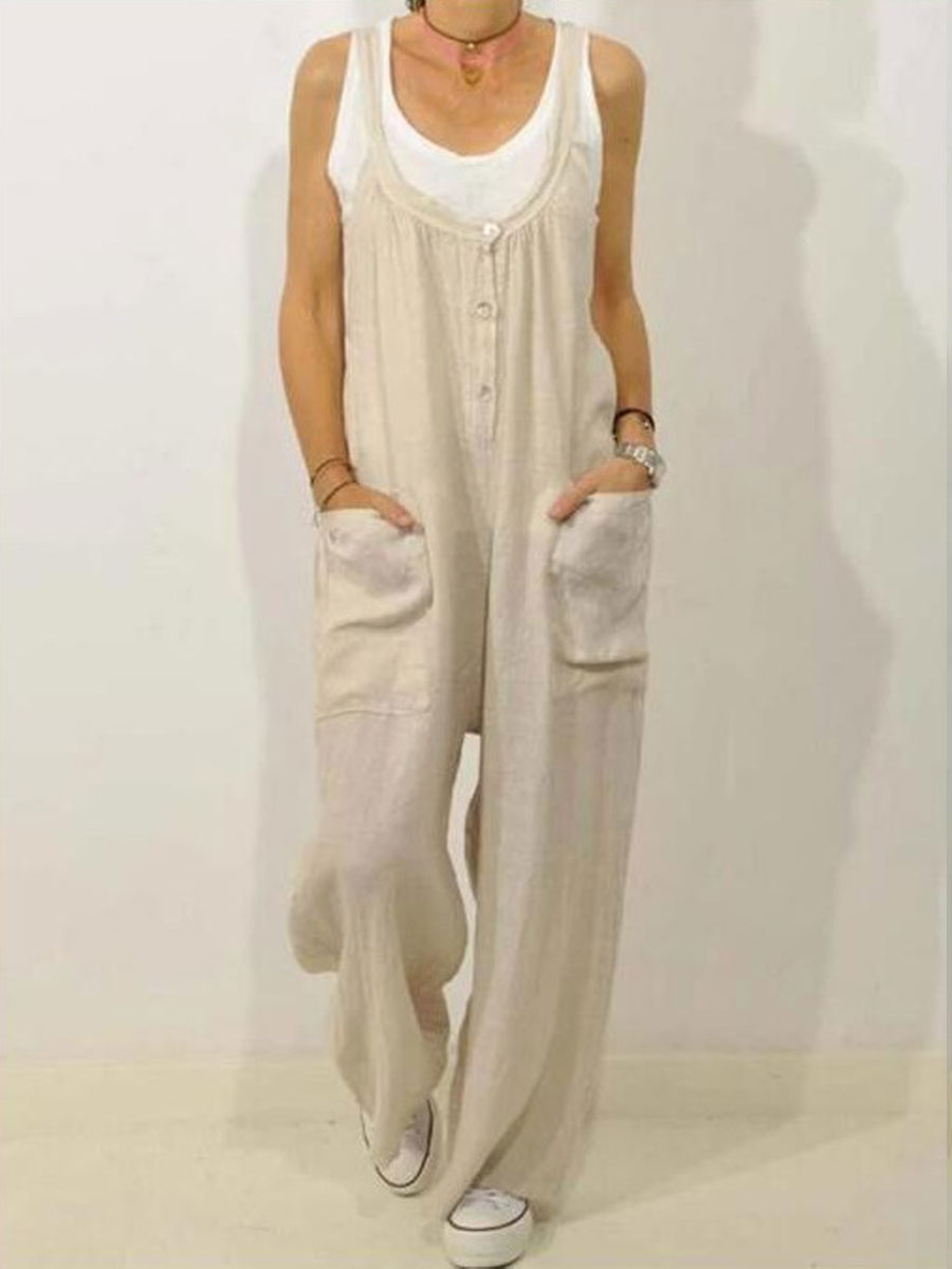 Cotton And Linen Overalls Pockets Solid Color Elasticated Button Jumpsuit
