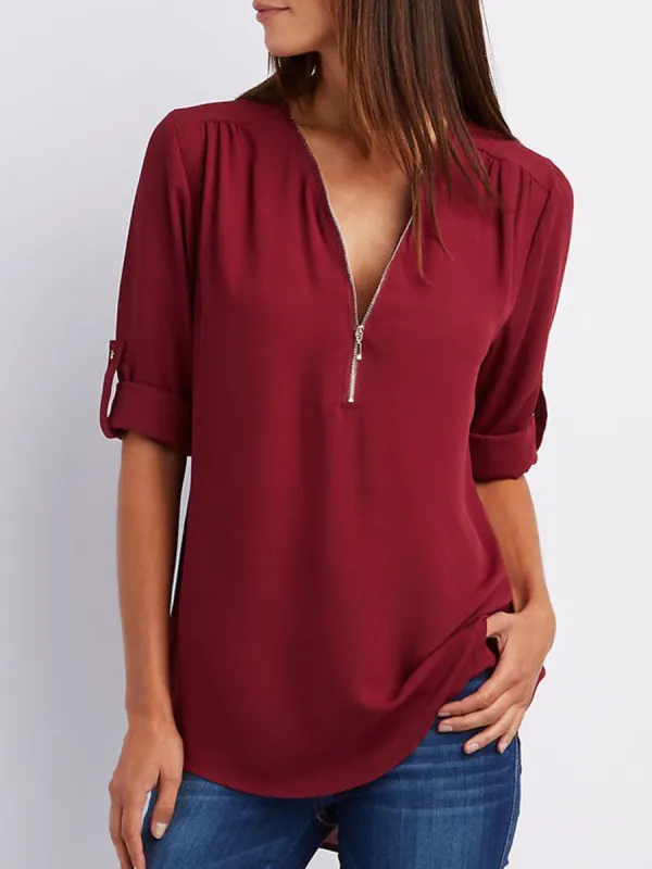 Spring Summer Polyester Women V-Neck Zips Plain Roll-Up Sleeve Long Sleeve Blouses - Oasisjoy.com 