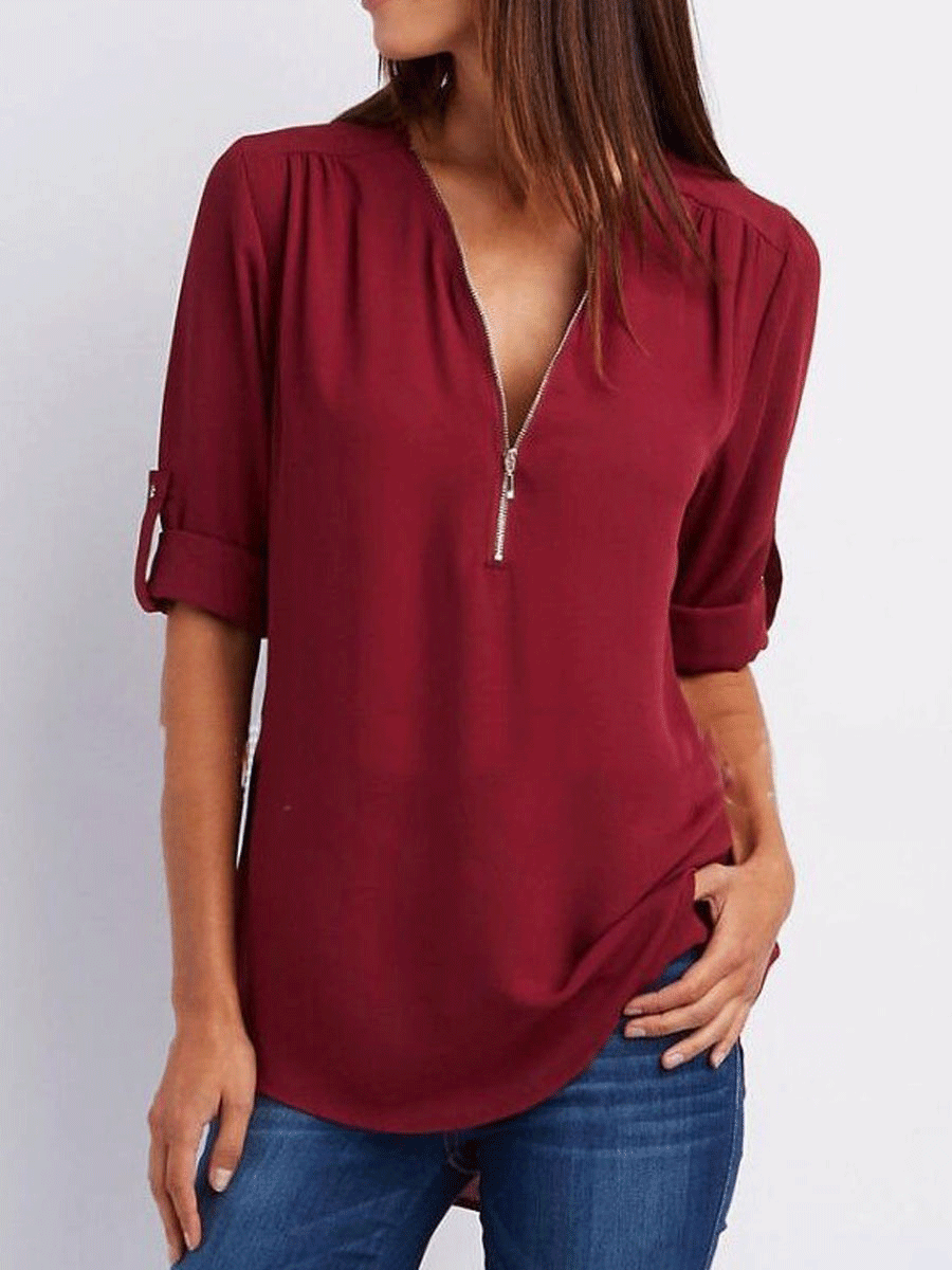 Spring Summer Polyester Women V Neck Zips Plain Roll Up Sleeve Long Sleeve Blouses