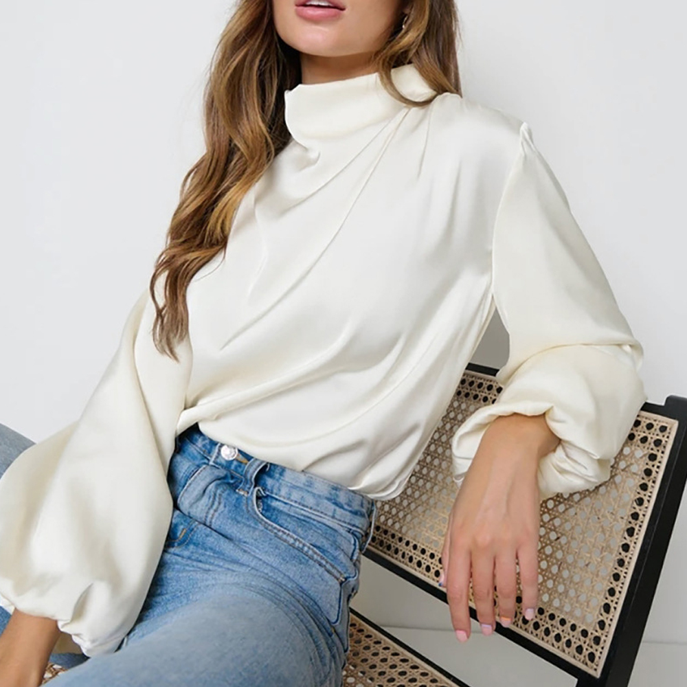 Satin Solid Color Turtleneck Balloon Sleeve Blouses Elegant