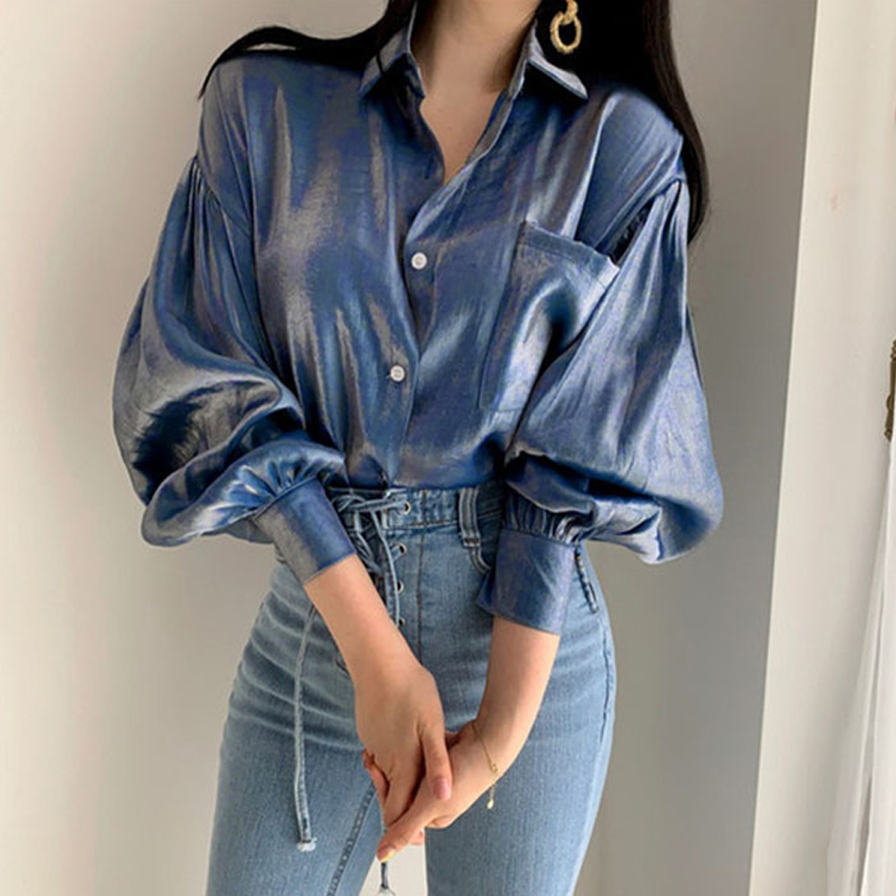 Satin Solid Color Button up Balloon Sleeve Blouses Elegant