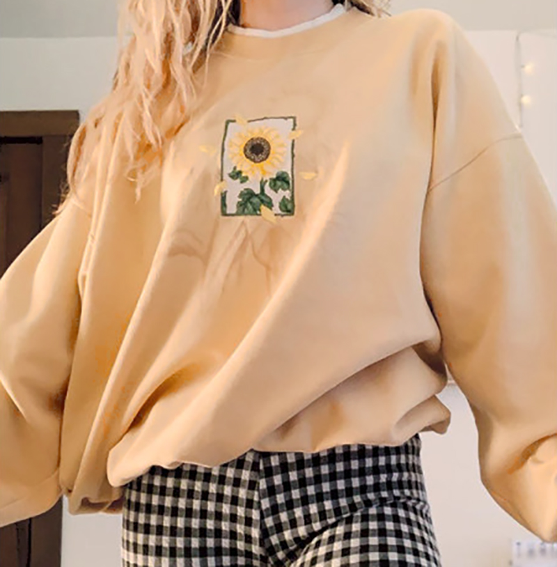 Fashion Loose, Thin, Round Neck, Sunflower Printed, Long Sleeve Hoodie