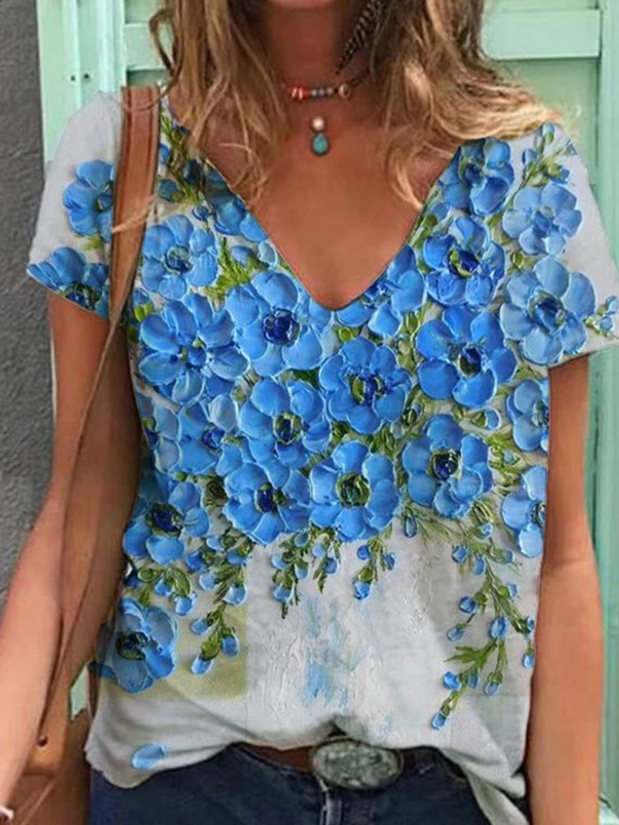 V neck Floral Print Loose Casual T shirt
