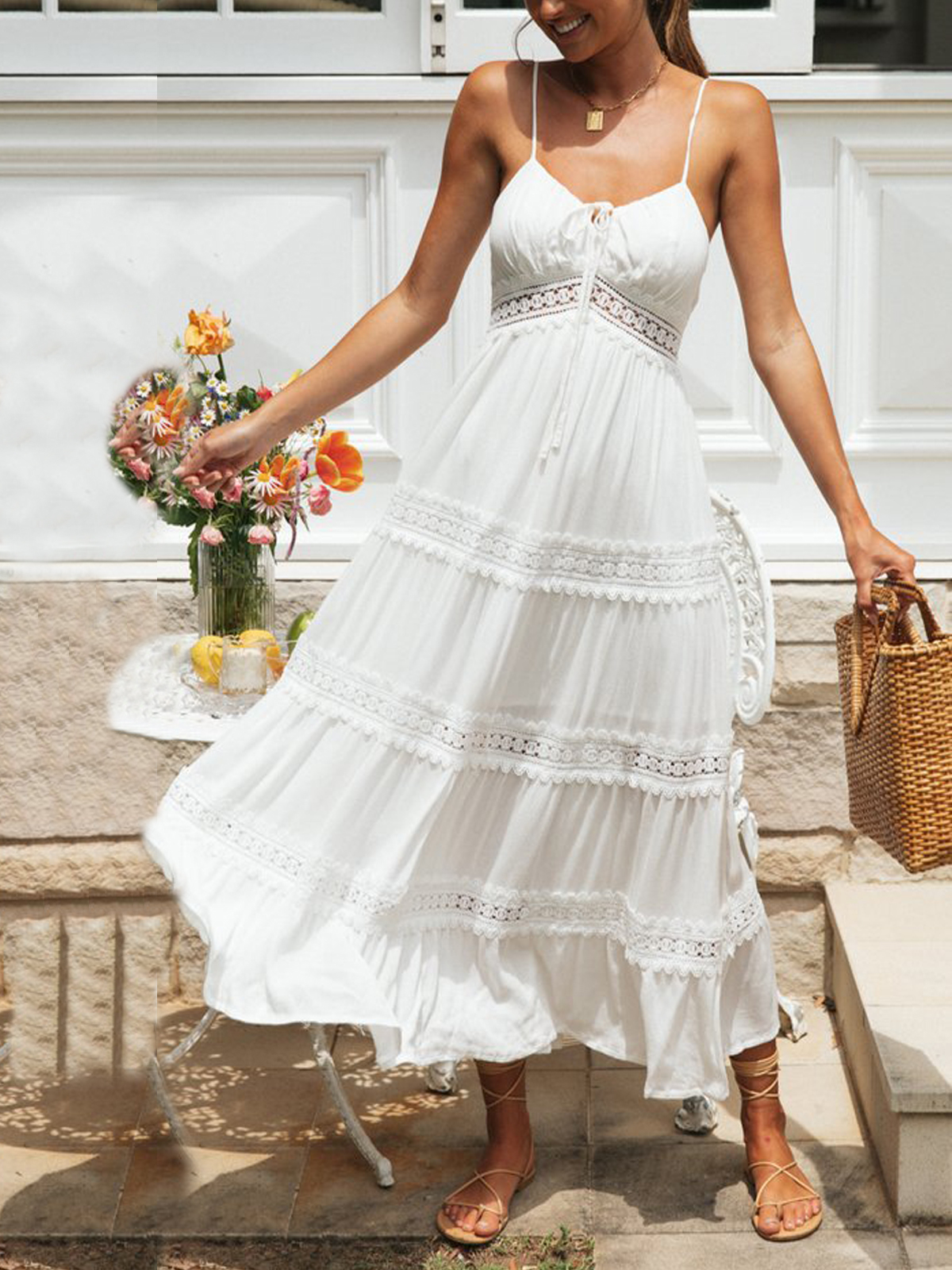White Color Lace Trim Tiered V neck Slip Maxi Dress