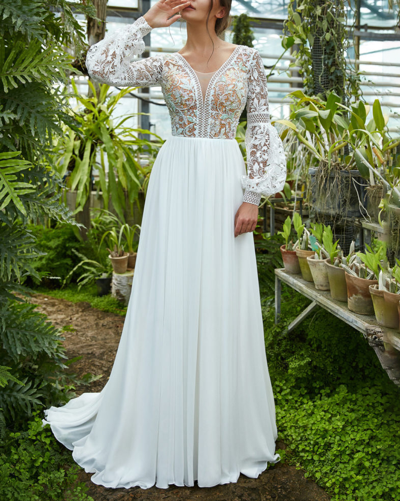 Stylish And Elegant Lace Deep V Long Sleeve Dress