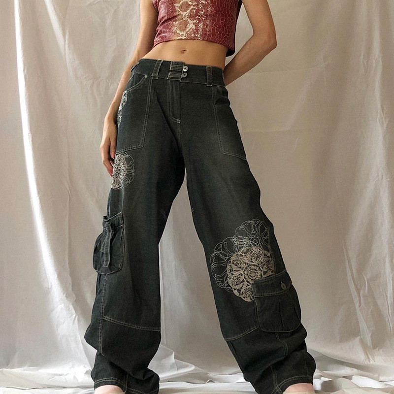 Retro Street Style Vintage Floral Printed Pocket Cargo Jeans