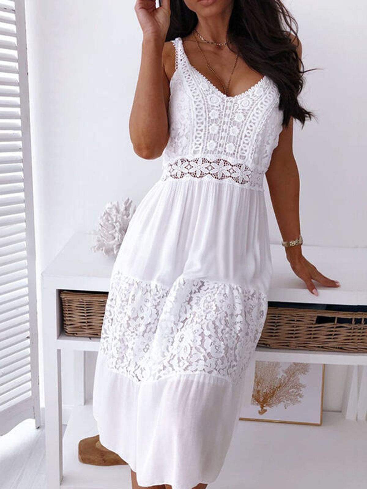 Lace Contrast V neck Slip Midi Dress