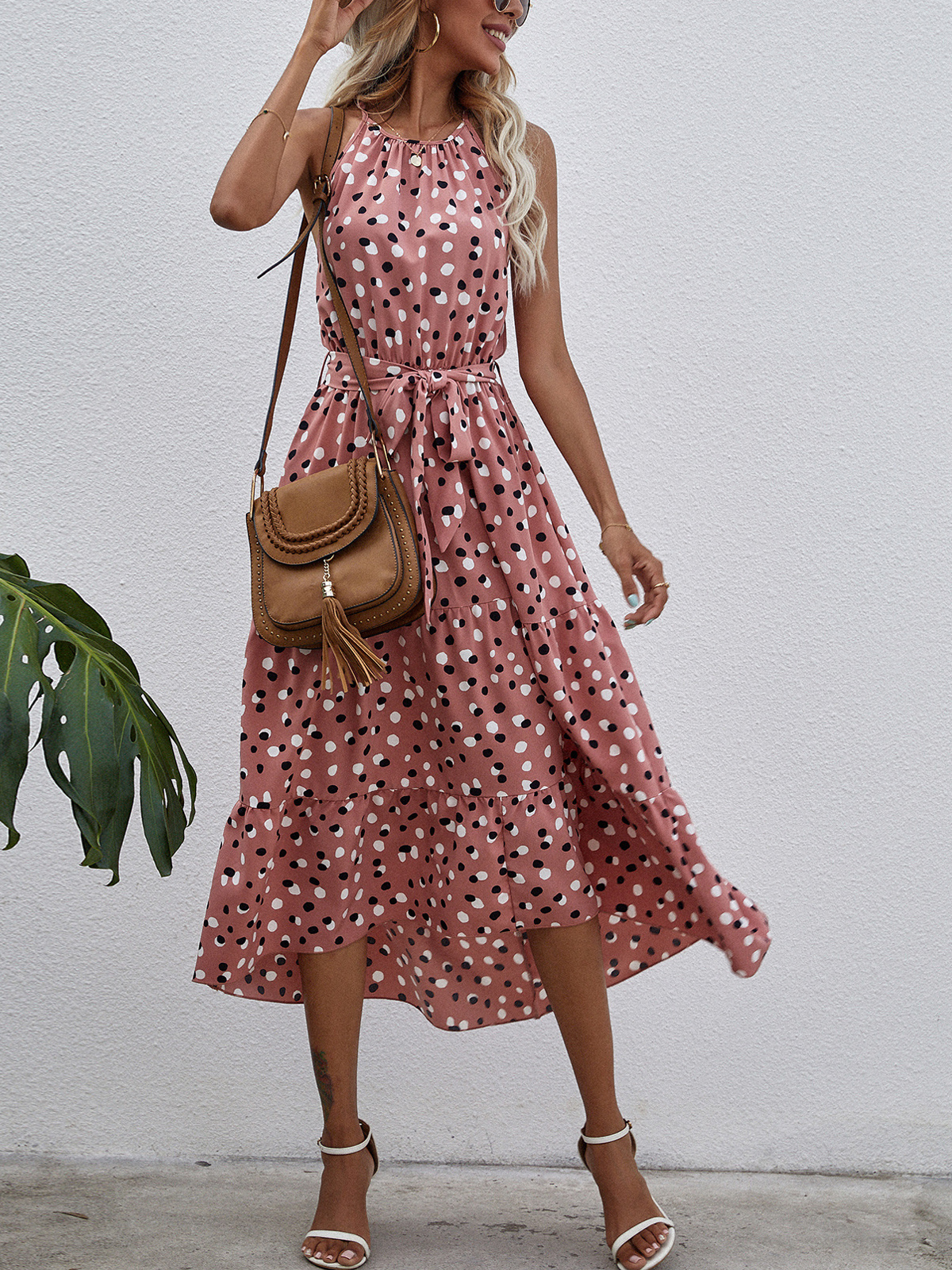 Polka Dot Print Halter Neck Maxi Dress