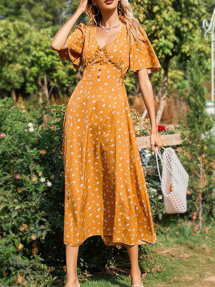 French Resort Floral Print V Neck Short Sleeve High Waist Maxi Dress