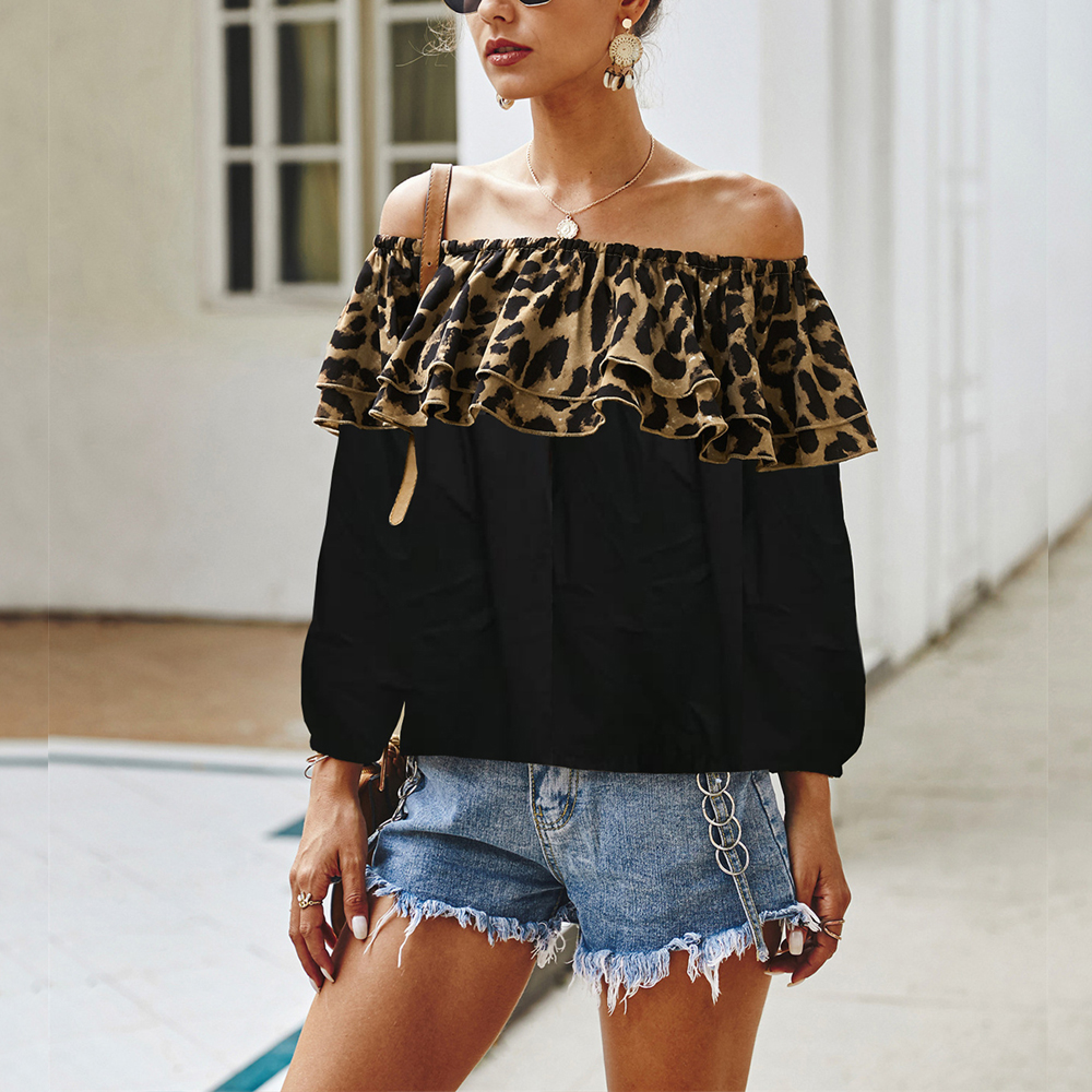 Leopard Print Ruffle Black Color Blouses