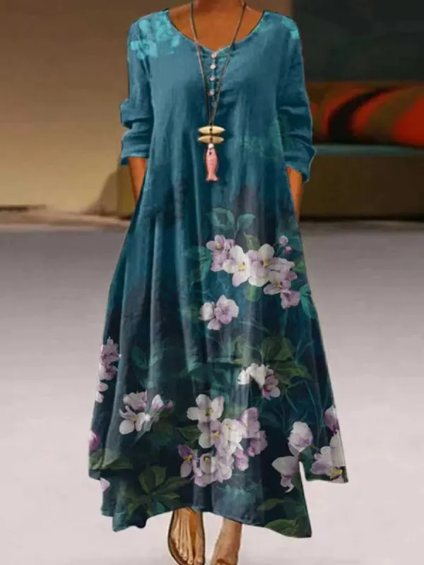 V-neck Loose Casual Floral Print Long Sleeve Maxi Dress - Funluc.com 