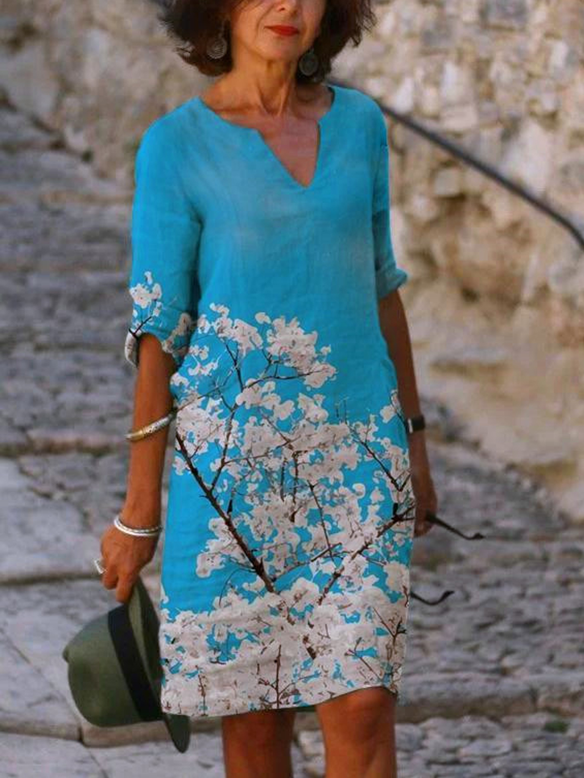 Floral Print V neck Midi Dress