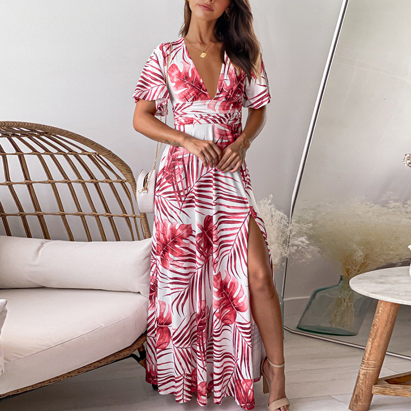Printed Long Short Sleeve Slit Dress