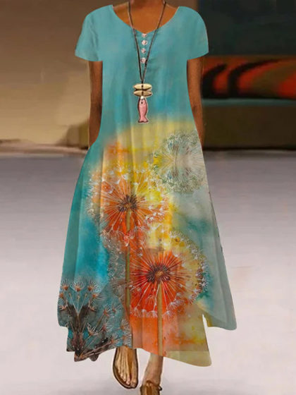 Botanical Floral Print Short-sleeve Maxi Dress