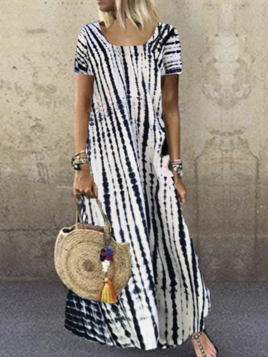 Ladies Round Neck Short Sleeve Tie dye Printed Maxi Dress