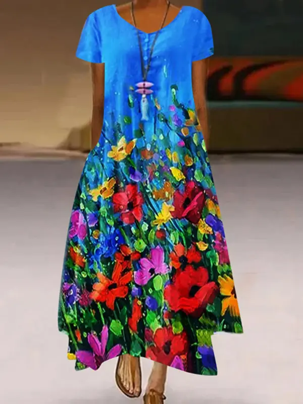 فستان ماكسي بأكمام قصيرة وطبعة زهور نباتية - Funluc.com 