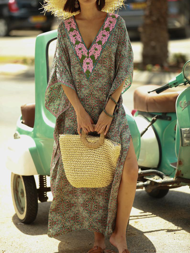Bohemian Resort Print V neck Short sleeve Dress