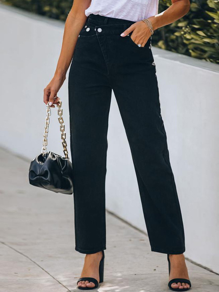 Black Irregular Waist Design Statement Denim